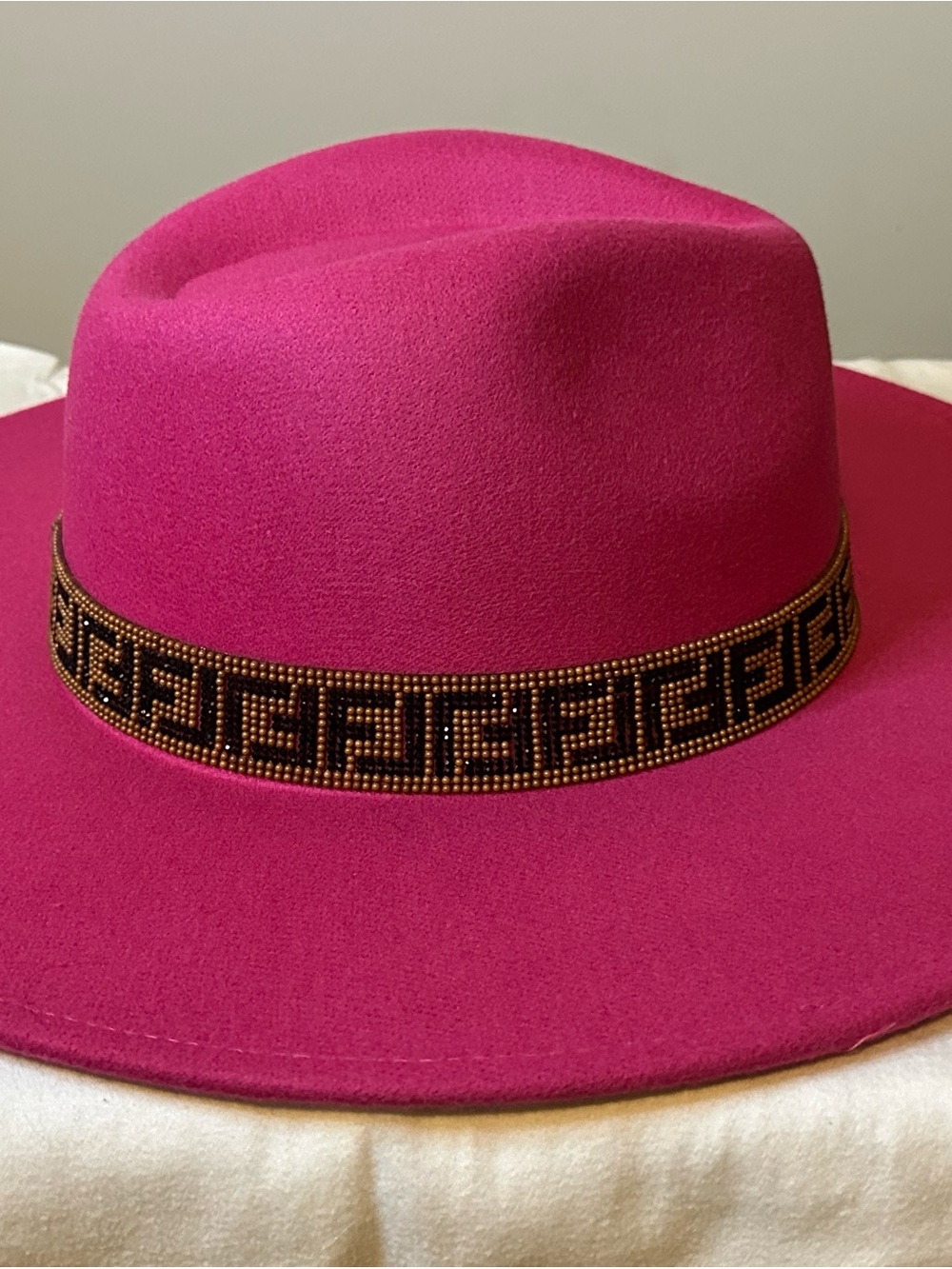 Women's Hot Pink Felt Fedora with Beaded Geometric Band